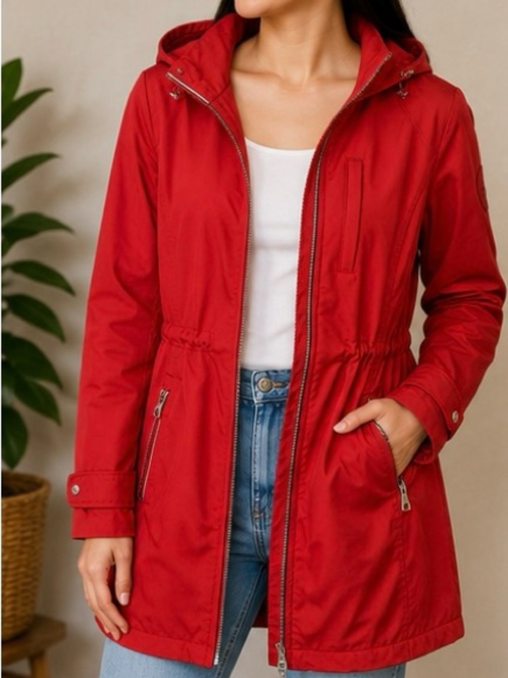 Tommy Hilfiger Women’s Red Hooded Softshell Jacket Coat Small S Raincoat